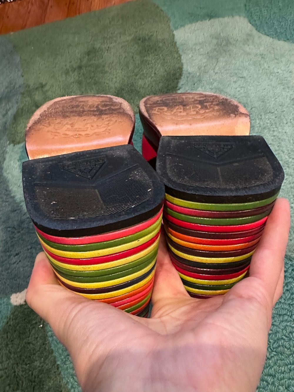 Fluevog NEARLY NEW Picnic Kerry striped rainbow heel platform open-toe sandal -6 - Picture 15 of 16